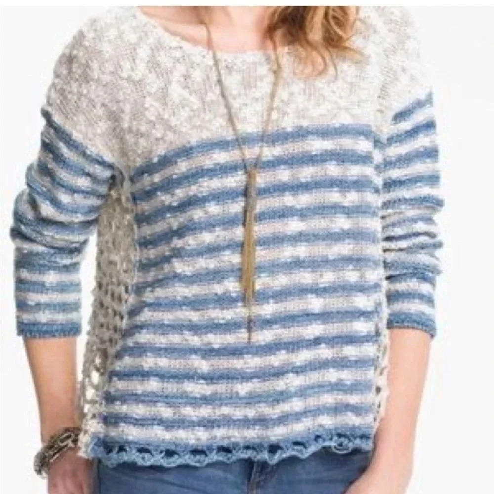 Free people crochet striped sweater size XS blue & cream knit pullover crewneck